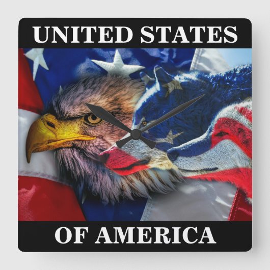 American Bald Eagle Wolf Flag Patriotic Quadratische Wanduhr (Vorderseite)