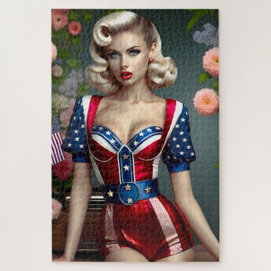 American Beauty Patriotic Blonde Button-up Girl Puzzle (Vertikal)
