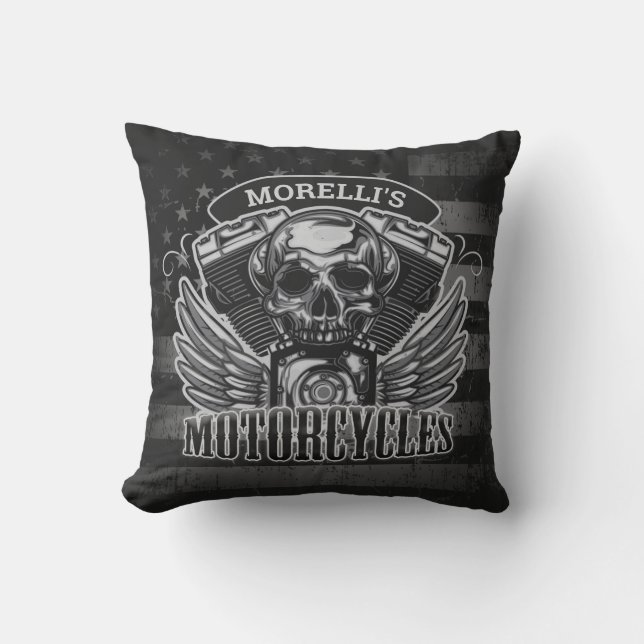 American Biker ADD NAME Skull V-Twin Motorräder Kissen (Vorderseite)
