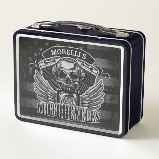 American Biker ADD NAME Skull V-Twin Motorräder Metall Brotdose (Rückseite)