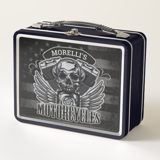 American Biker ADD NAME Skull V-Twin Motorräder Metall Brotdose (Vorderseite)
