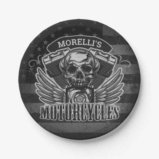 American Biker ADD NAME Skull V-Twin Motorräder Pappteller (Vorderseite)
