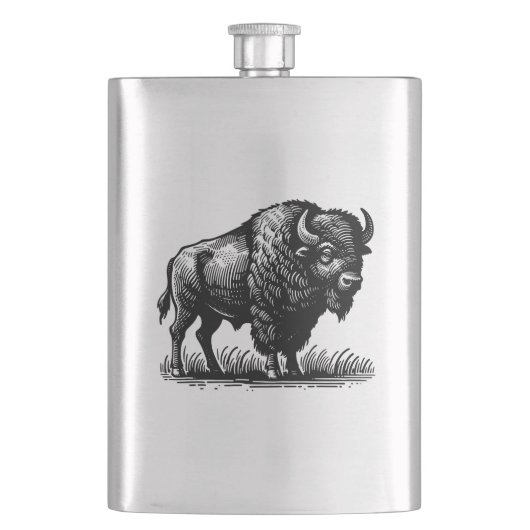 American Bison Buffalo on Stainless Steel Flask Flachmann (Vorderseite)
