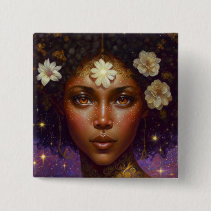 American Black Goddess Queen Fantasy Art B Button