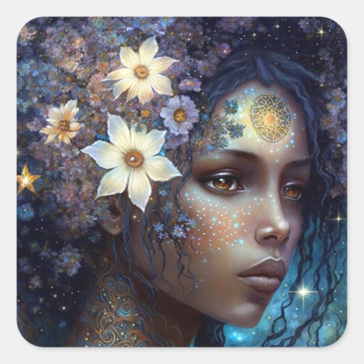 American Black Goddess Queen Fantasy Art Quadratischer Aufkleber (Vorderseite)