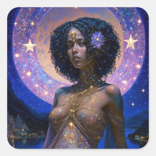 American Black Goddess Queen Fantasy Art S Quadratischer Aufkleber (Vorderseite)