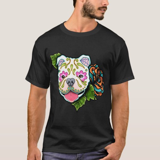 American Bulldog - Day of the Dead Sugar Skull Hun T-Shirt (Vorderseite)