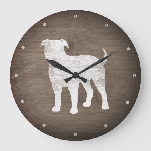 American Bulldog Silhouette Imitats Rustic Wood Große Wanduhr (Vorderseite)