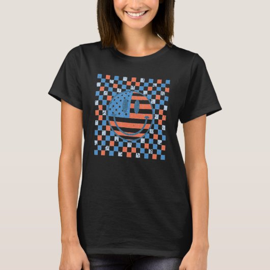 American Checkered Flag Smile Face Retro 4th Of Ju T-Shirt (Vorderseite)