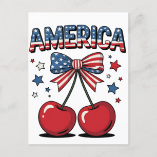 American Coquette Bow Cherry Aesthetic USA Flag Einladungspostkarte