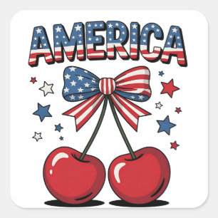 American Coquette Bow Cherry Aesthetic USA Flag Quadratischer Aufkleber