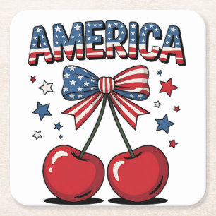 American Coquette Bow Cherry Aesthetic USA Flag Rechteckiger Pappuntersetzer