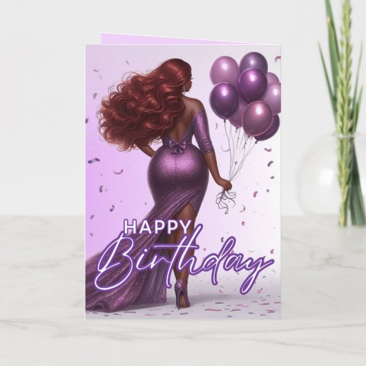 American Curvy Frauen Lila Glam Birthday Karte (Rückseite)