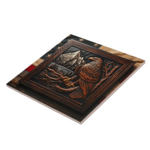 American Eagle Carving with Mountain Background Fliese