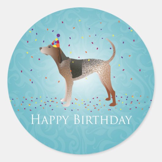 American English Coonhound Happy Birthday Design Runder Aufkleber (Vorderseite)