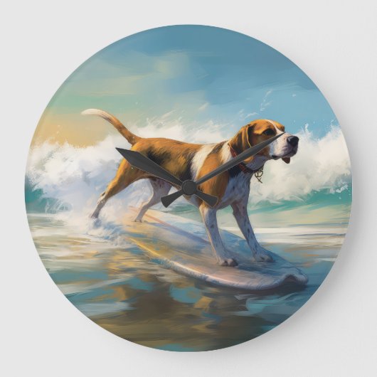 American English Foxhound Beach Surfing Painting Große Wanduhr (Vorderseite)