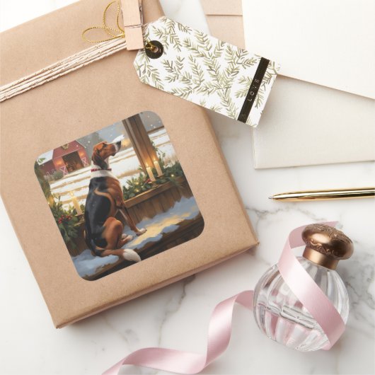 American English Foxhound Christmas Lights Holiday Quadratischer Aufkleber (Schenken)