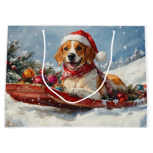 American English Foxhound in Sledge Christmas Große Geschenktüte (Vorderseite)