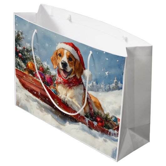American English Foxhound in Sledge Christmas Große Geschenktüte (Rückseite Schrägansicht)