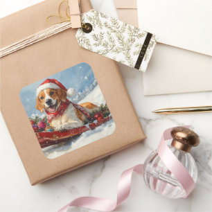 American English Foxhound in Sledge Christmas Quadratischer Aufkleber