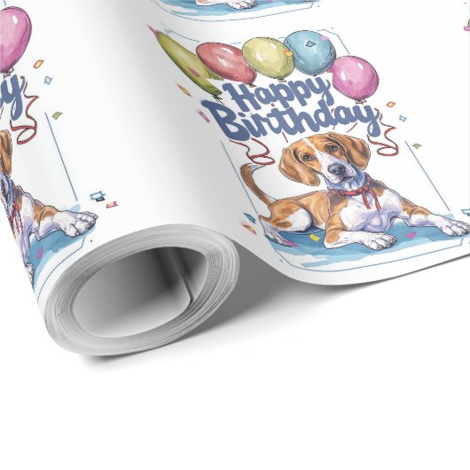 American English Foxhound mit Balloons zum Geburts Geschenkpapier (Rolleneckpunkt)