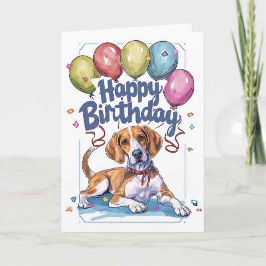 American English Foxhound mit Balloons zum Geburts Karte (Vorderseite)