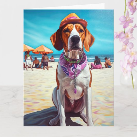 American English Foxhound on Beach, Sommergeschenk Karte (Orchidee)