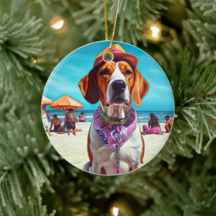 American English Foxhound on Beach, Sommergeschenk Keramik Ornament