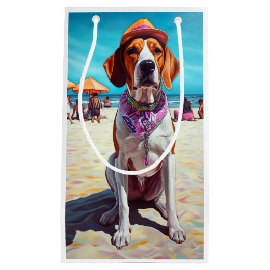 American English Foxhound on Beach, Sommergeschenk Kleine Geschenktüte (Vorderseite)