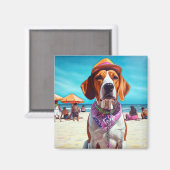 American English Foxhound on Beach, Sommergeschenk Magnet (Vorderseite/Rückseite)