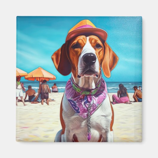 American English Foxhound on Beach, Sommergeschenk Magnet (Vorne)