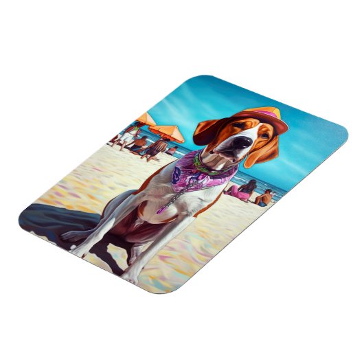 American English Foxhound on Beach, Sommergeschenk Magnet (Linke Seite)