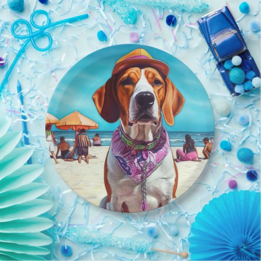 American English Foxhound on Beach, Sommergeschenk Pappteller (Party)