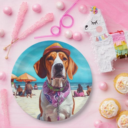 American English Foxhound on Beach, Sommergeschenk Pappteller (Party)
