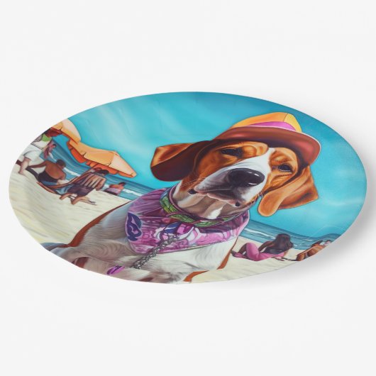 American English Foxhound on Beach, Sommergeschenk Pappteller (Schrägansicht)