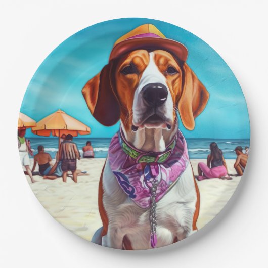 American English Foxhound on Beach, Sommergeschenk Pappteller (Vorderseite)