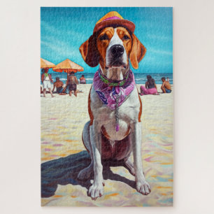American English Foxhound on Beach, Sommergeschenk Puzzle