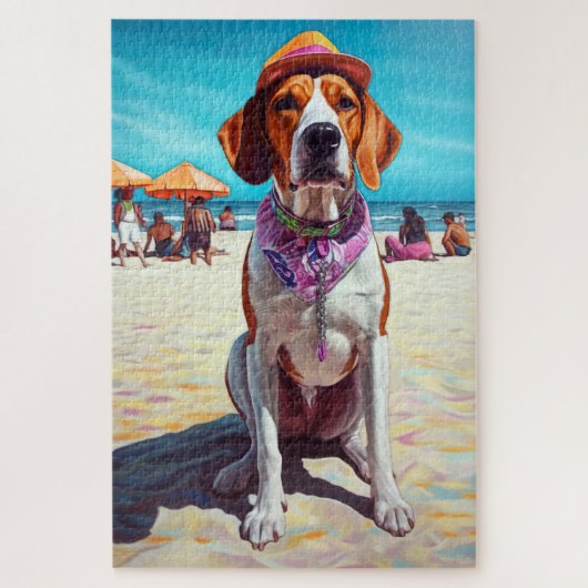 American English Foxhound on Beach, Sommergeschenk Puzzle (Vertikal)