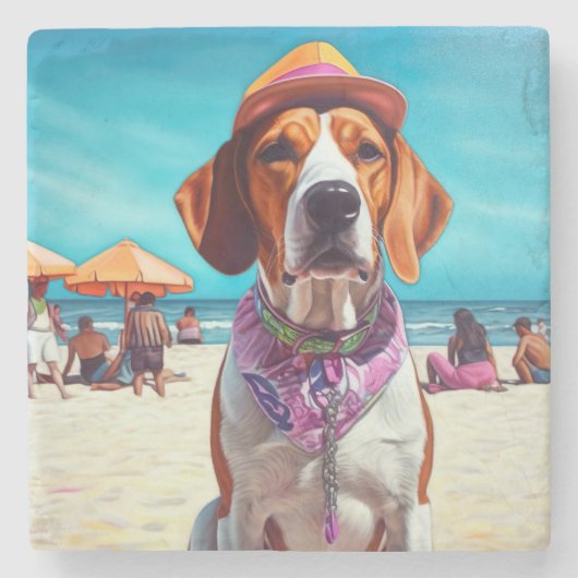 American English Foxhound on Beach, Sommergeschenk Steinuntersetzer (Vorderseite)