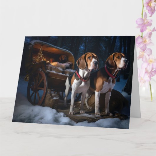 American English Foxhound Snowy Sleigh Weihnachten Karte (Orchidee)