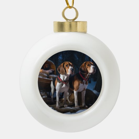 American English Foxhound Snowy Sleigh Weihnachten Keramik Kugel-Ornament (Vorderseite)