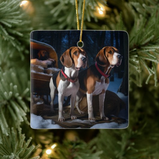 American English Foxhound Snowy Sleigh Weihnachten Keramikornament (Baum)