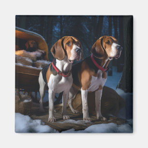 American English Foxhound Snowy Sleigh Weihnachten Magnet