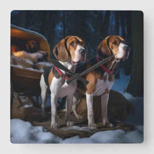 American English Foxhound Snowy Sleigh Weihnachten Quadratische Wanduhr