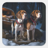 American English Foxhound Snowy Sleigh Weihnachten Quadratischer Aufkleber (Vorderseite)