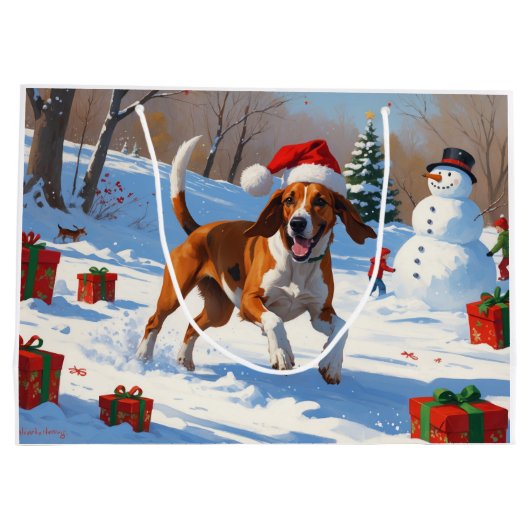 American English Foxhound Weihnachtsfest Schnee Große Geschenktüte (Rückseite)