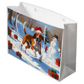 American English Foxhound Weihnachtsfest Schnee Große Geschenktüte (Rückseite Schrägansicht)