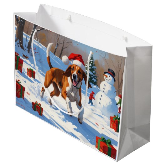 American English Foxhound Weihnachtsfest Schnee Große Geschenktüte (Rückseite Schrägansicht)