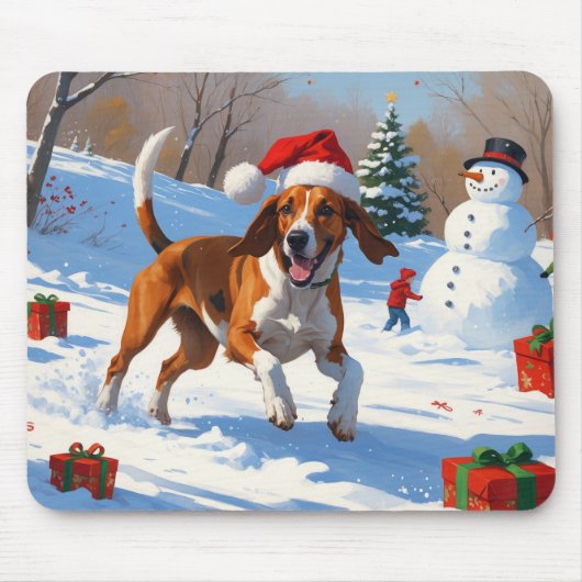 American English Foxhound Weihnachtsfest Schnee Mousepad (Vorne)