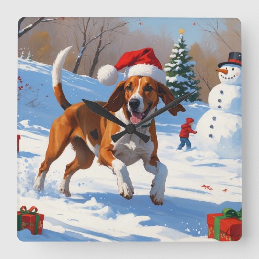 American English Foxhound Weihnachtsfest Schnee Quadratische Wanduhr (Vorderseite)
